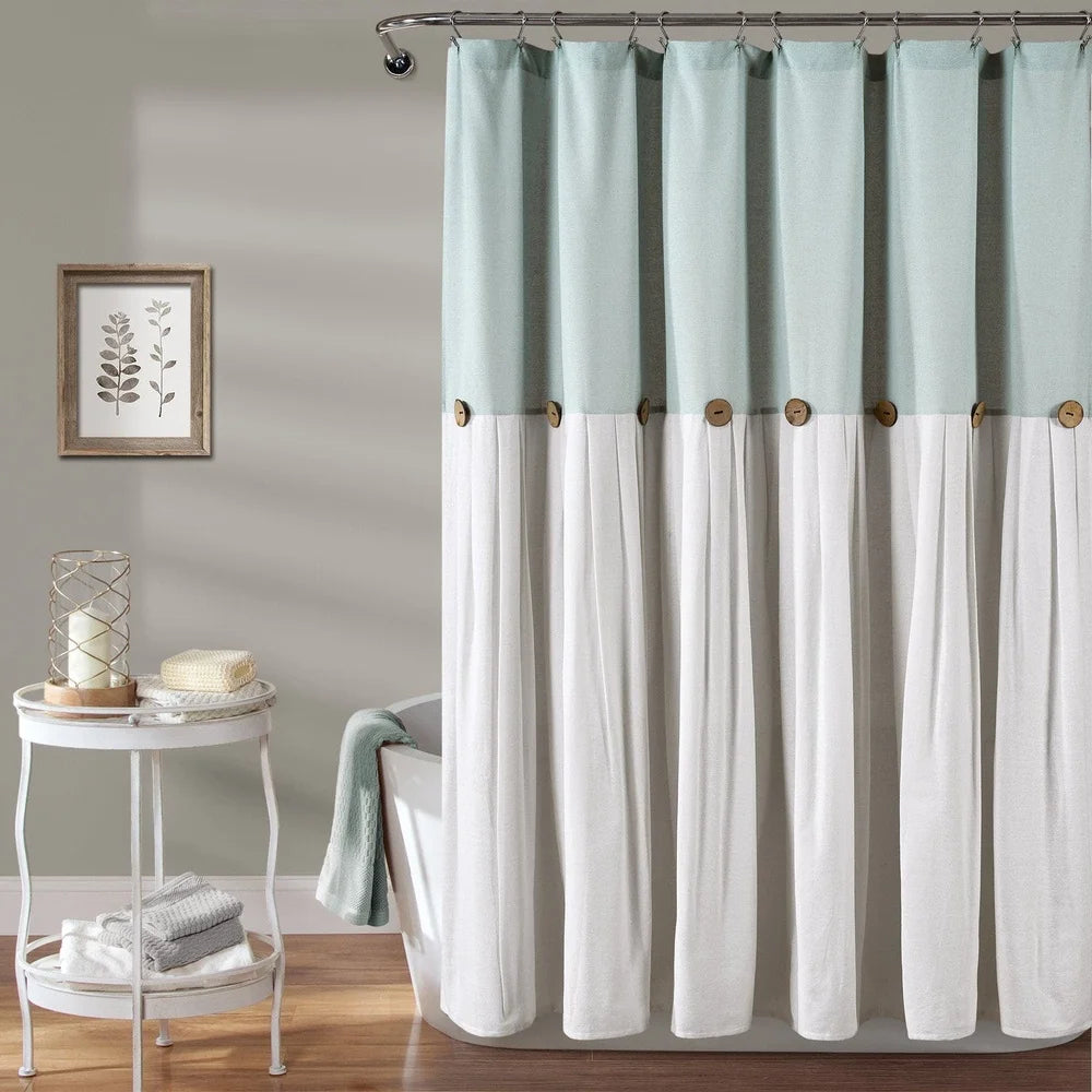 Linen Button Color Block Shower Curtain 72x72 Faux Linen Fabric Pleated Design Machine Washable Bathroom Decor