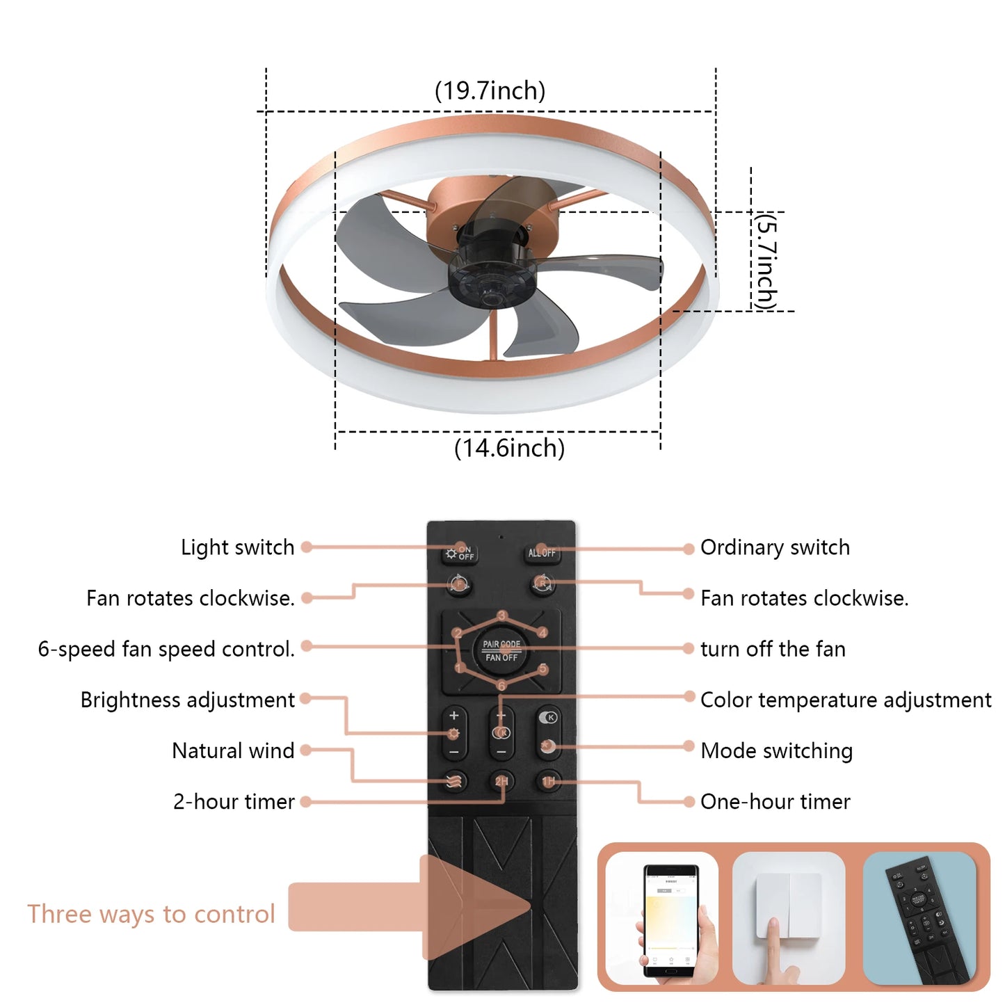 Modern Ceiling Fan with LED Light, Low-Profile Flush Mount,6-Speed Adjustable, Ideal for Bedroom and Living Room （Rose Gold）