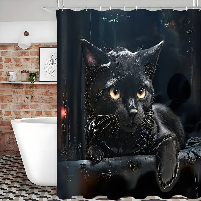 1pcs Cute Cat Shower Curtain, Waterproof Shower Curtain with 12 Hooks, Bathroom Decor, Shower Curtain Sets for Bathrooms
