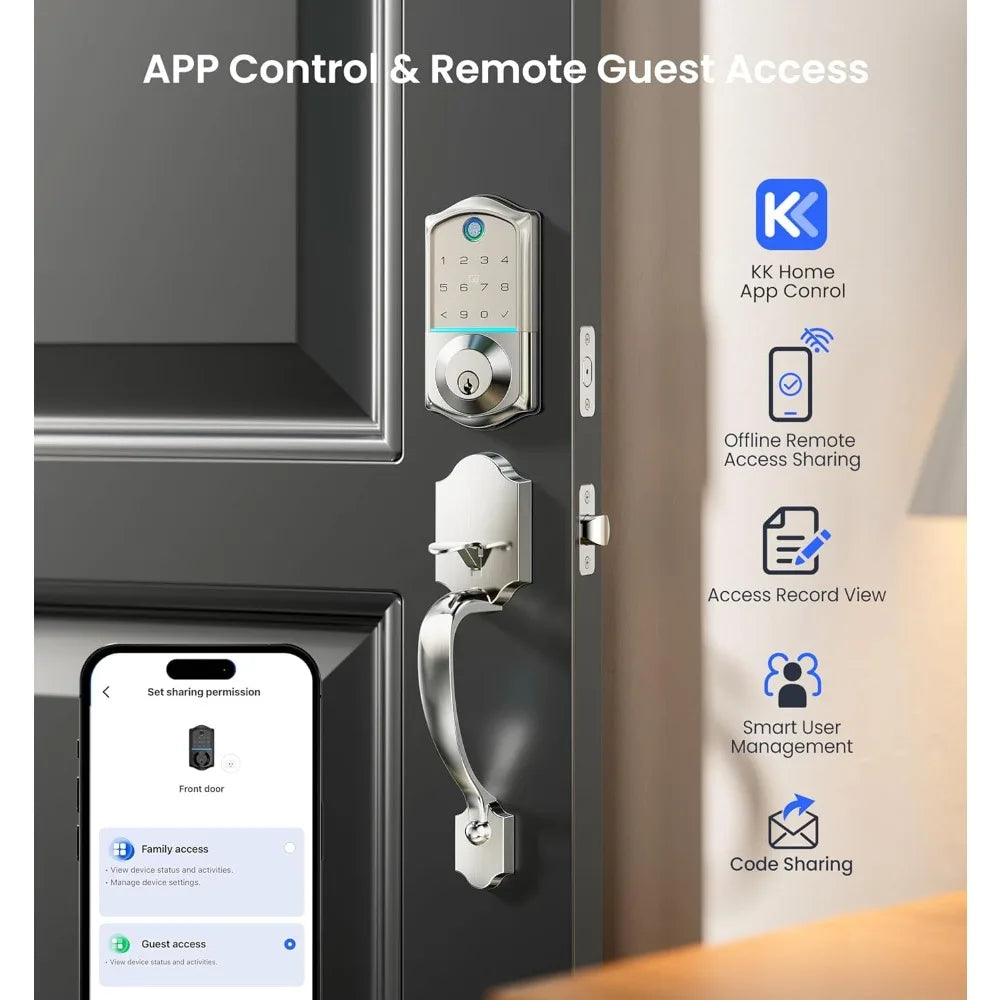 VE017-H Fingerprint Smart Front Door Lock Set, App Control, Keyless Entry Deadbolt with Handle, Smart Deadbolt, Emergency Power