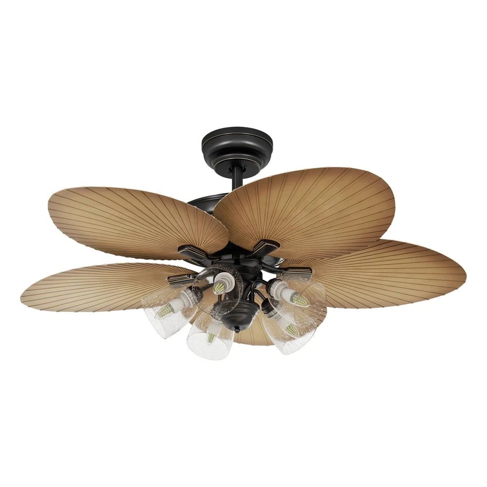 52 Inch Tropical Ceiling Fan with Light Remote Control 3 Speed Silent Motor 5 Palm Leaf Blades Timer Function Indoor Use