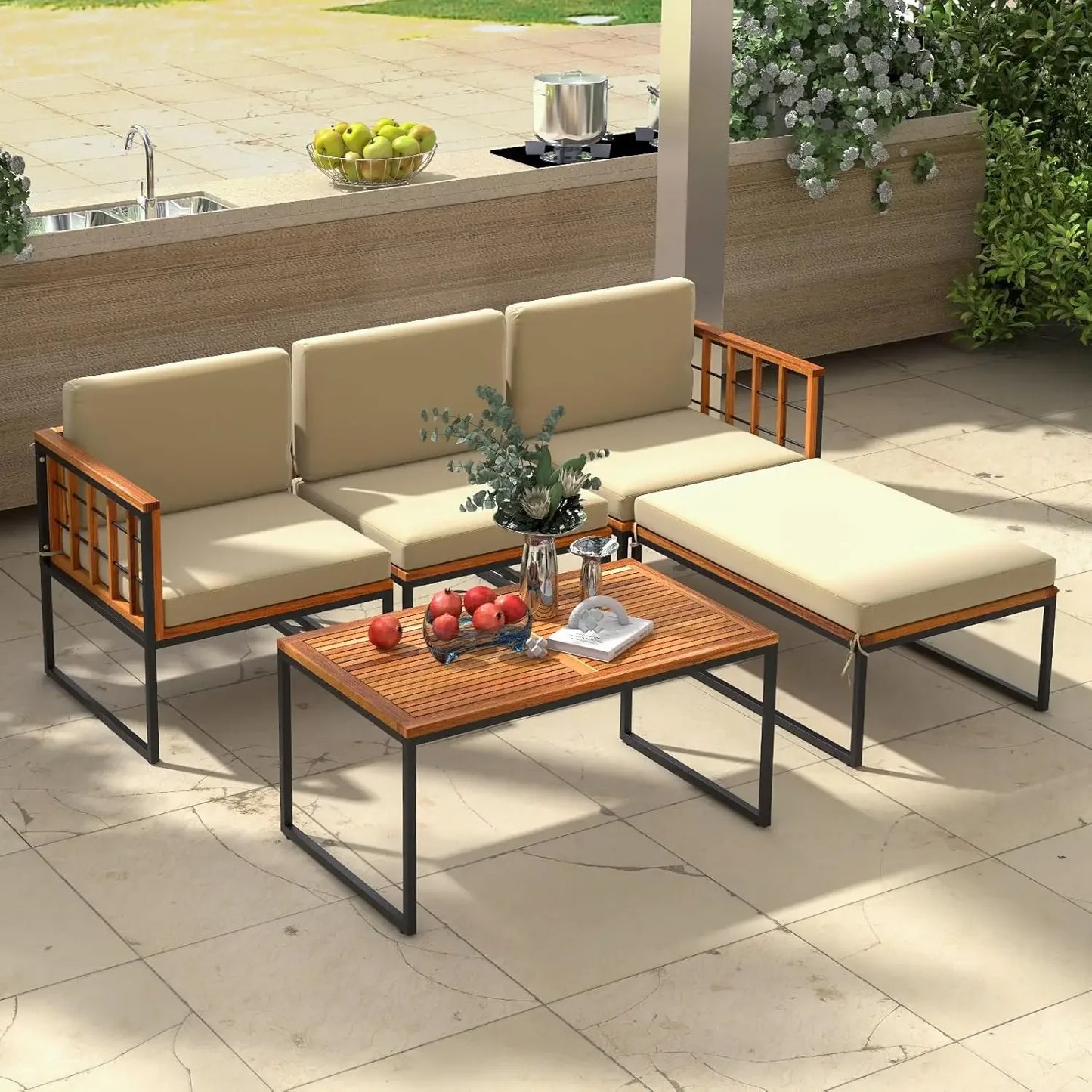 5 Piece Patio Furniture Set, Acacia Wood Sectional Set, Comfy Seat & Back Cushions, Outdoor Wood Conversation Chair Set (Beige)