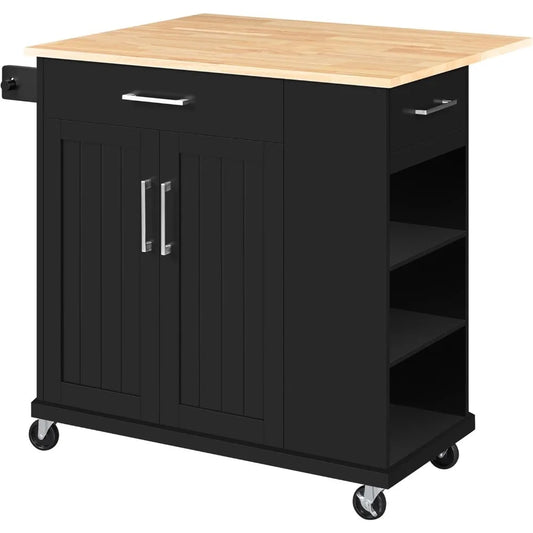 Rolling Kitchen Island Cart with Drop Leaf, Portable Rubberwood Breakfast Bar with Storage Cabinet, Open Shelves & Detachable T