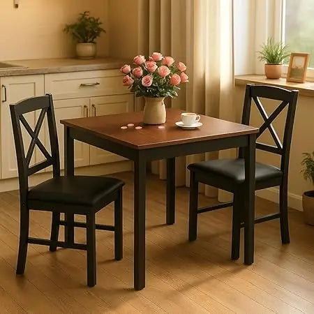 Mid-Century Modern Dining Table Set for 2, Wooden Kitchen Table & 2 Chairs with Padded Seats, 3-Piece Compact Dining Set for Sm