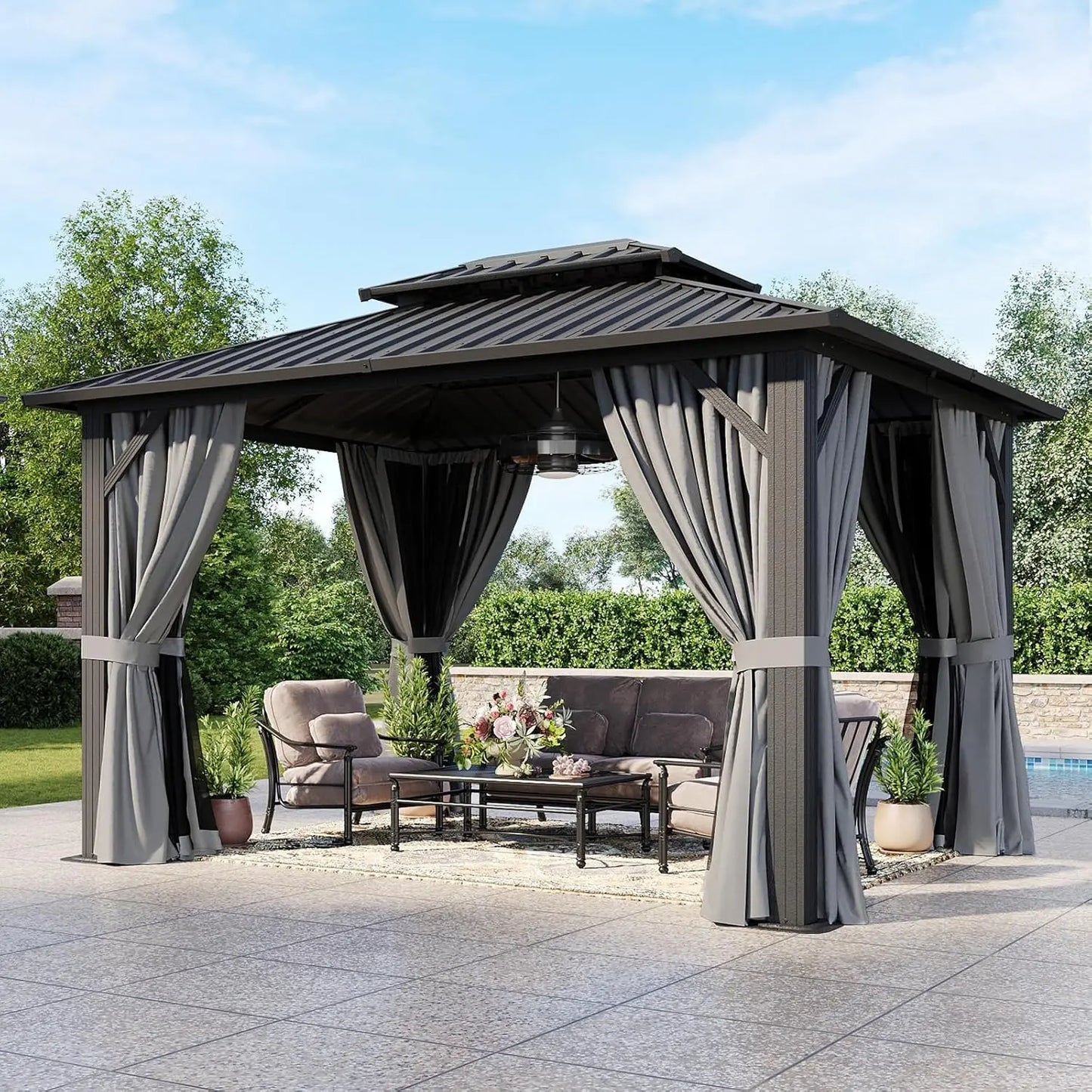 10'x12' Hardtop Gazebo, Aluminum Frame Canopy with Double Galvanized Steel Roof, Outdoor Metal Pavilion with Netting, Curtains