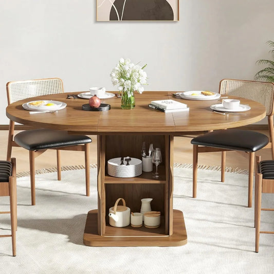 Extendable Round Dining Table for 4-6-8, 59 Inch Dining Room Kitchen Table with Storage, Fluted Wood Slide Door, Modern Oval Bre