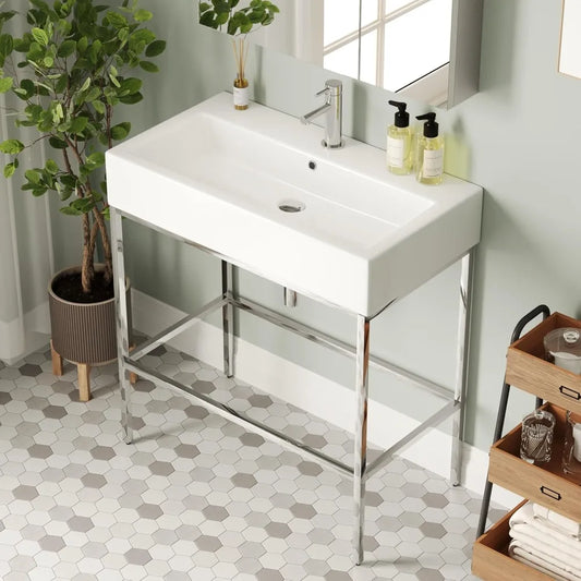 Bathroom Console Sink 32"x17" Free Standing 34 Inch Sink for Bathroom, White Vessel Ceramic Vanity Basin Modern Rectangular