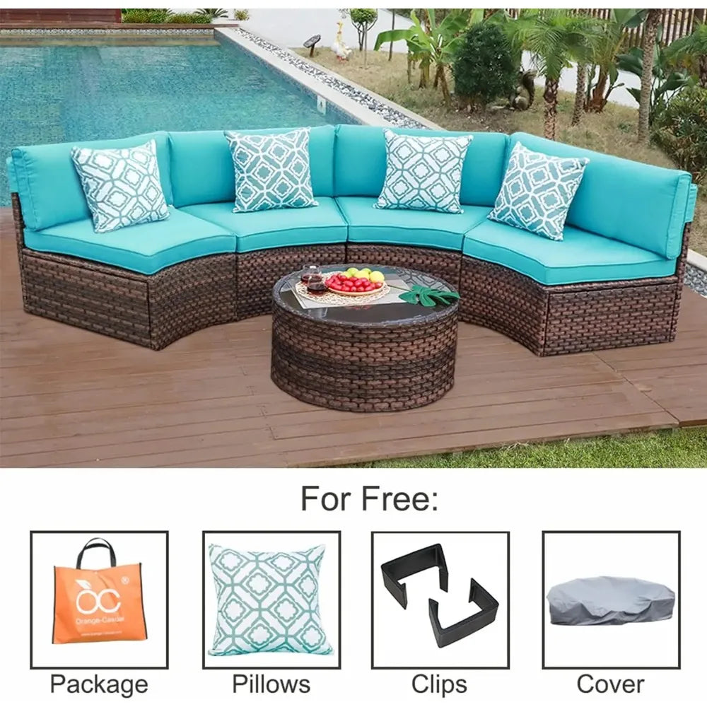 5 Piece Patio Furniture Set Half-Moon Outdoor All-Weather Wicker Sofa with Coffee Table, Brown Rattan Turquoise