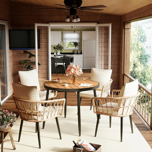 5 Pieces Patio Dining Set,All-Weather PE Rattan Patio Furniture Set with Wood Table Top, Outdoor Table and Chairs with Removabl