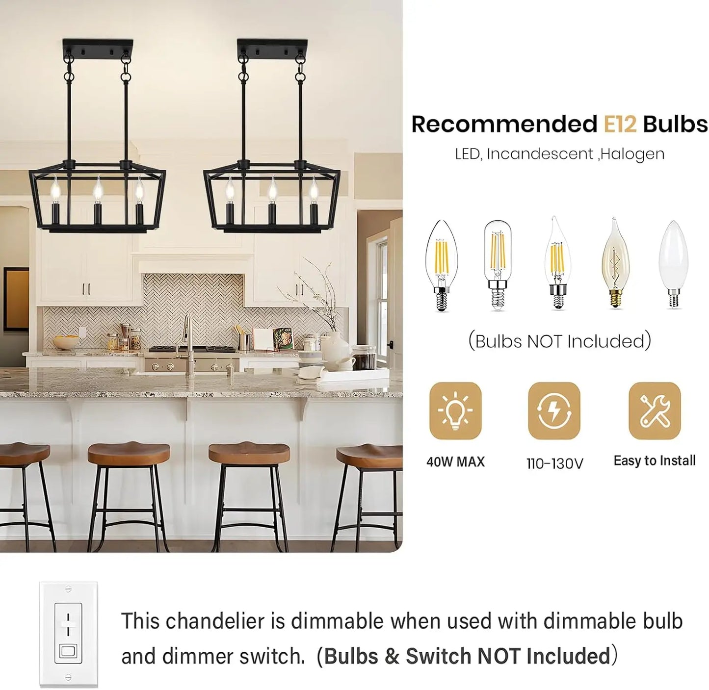 3-Light Modern Farmhouse Chandelier - Black Adjustable Pendant for Dining Table & Kitchen Island