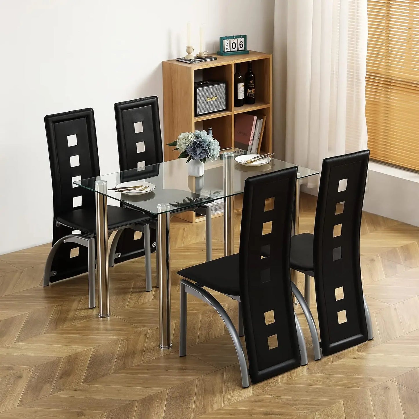 5-Piece Dining Table Set with 1 Glass Dining Table and 4 PVC Chairs, Modern Dining Table Set Living Room