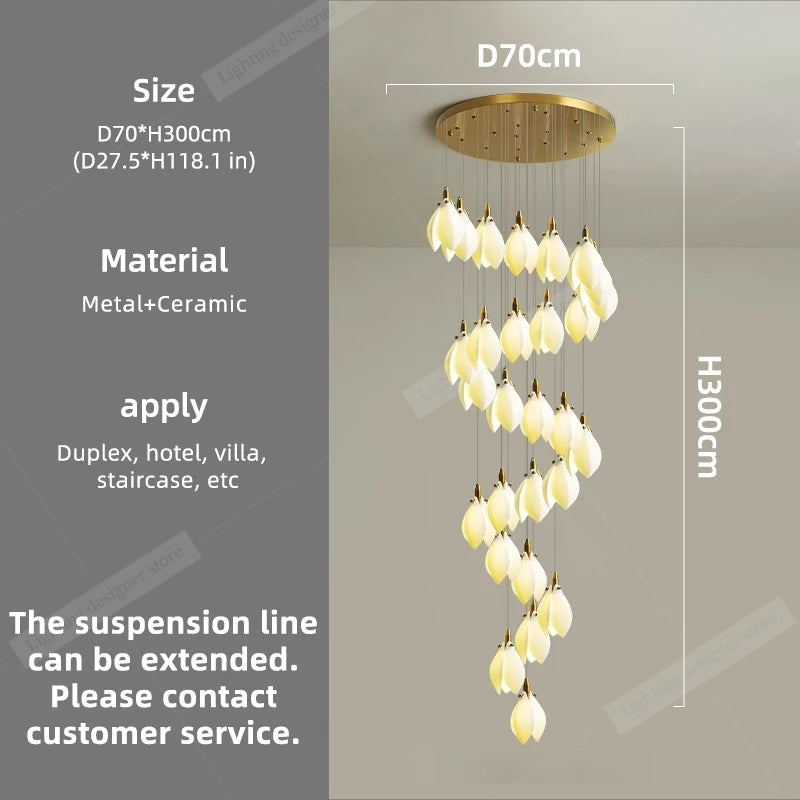 Modern Luxury Chandelier Staircase Duplex Loft Chandelier Lighting Villa Stair Pendant Light Minimalist Ceramic Hanging Lamp