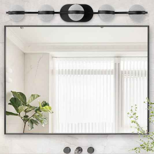 Modern Minimalist Bathroom Vanity Light, LED 5 Bulb Frosted Glass Shades, Wall Mounted Decorative Lighting Fixture (Black)