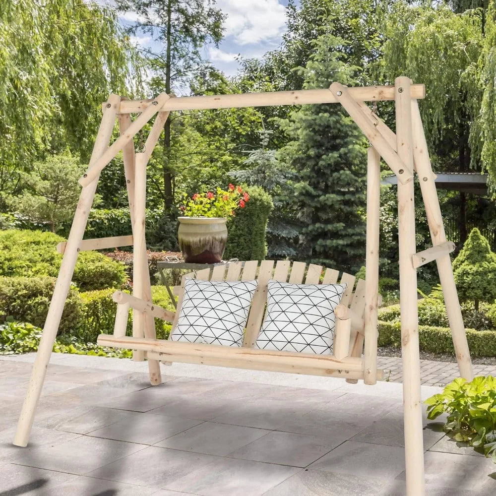 Heavy Duty 880 LBS Wooden Patio Porch Swing with A-Frame Stand, Hanging Swing Bench Chair with Frame for Outside, Yard, Garden