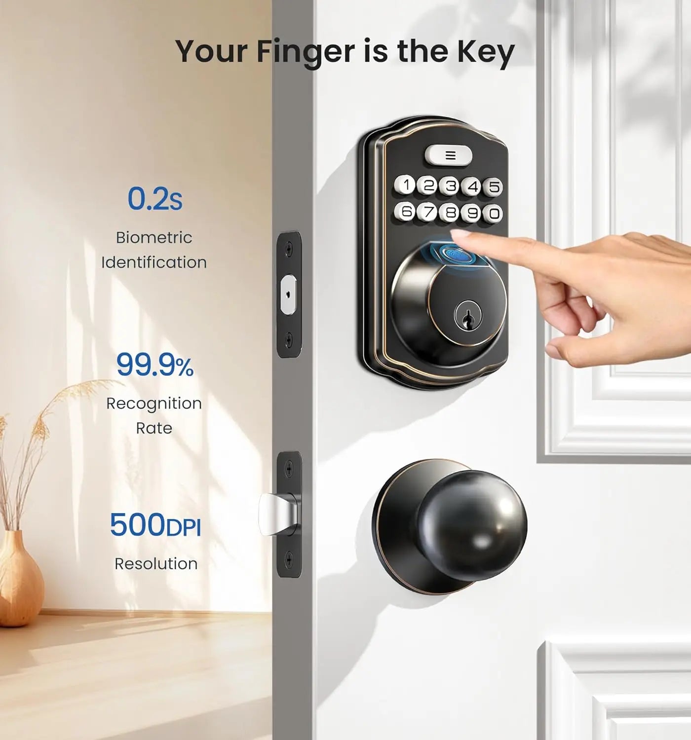 Veise Fingerprint Door Lock, Keyless Entry, Auto Lock, Electronic Keypad Deadbolt for Front Door, Biometric, Anti-Peeking Passwo