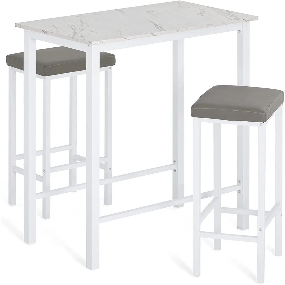Counter Height Dining Table Set with 2 Cushioned Stools Modern Space Saving Design Faux Marble Top Indoor Use