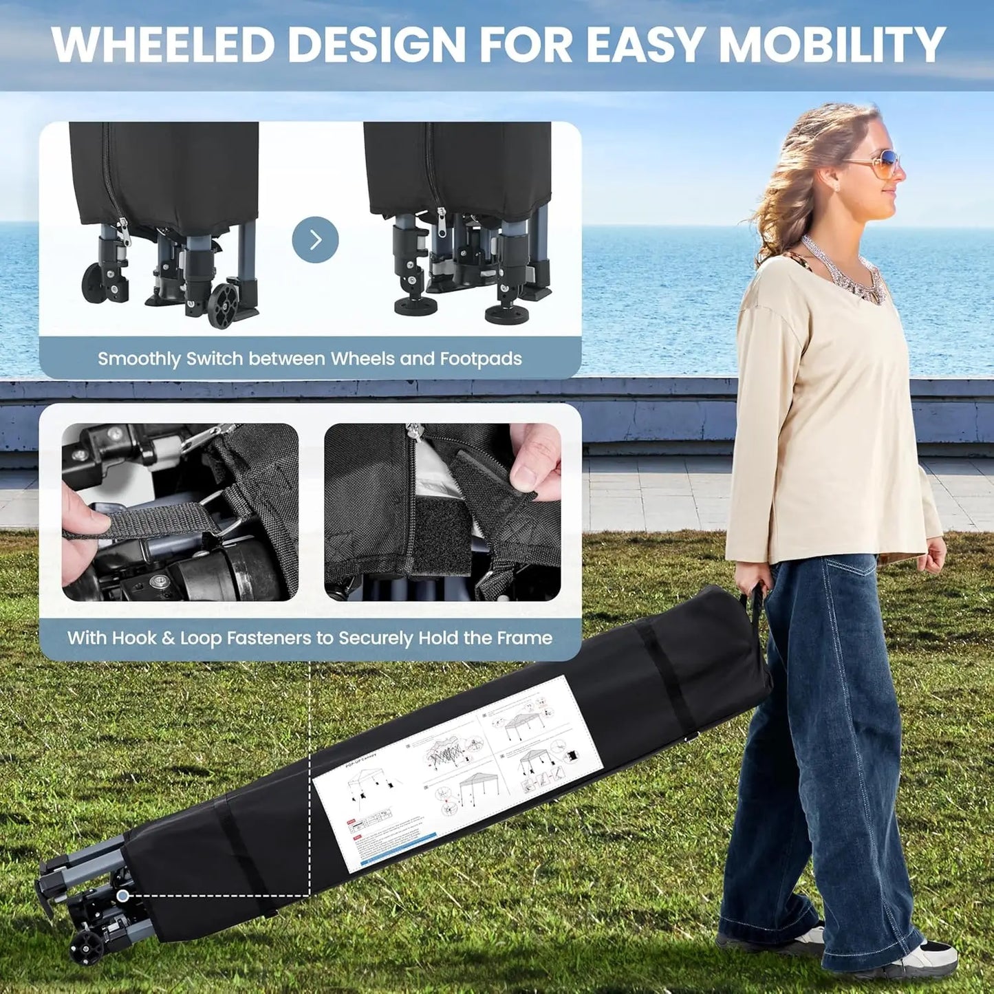12x12 Pop-up Canopy Tent w/ 2 Integrated Wheels for Mobility, Waterpoof & Heavy Duty, Instant Sun Shelter with Carry Bag