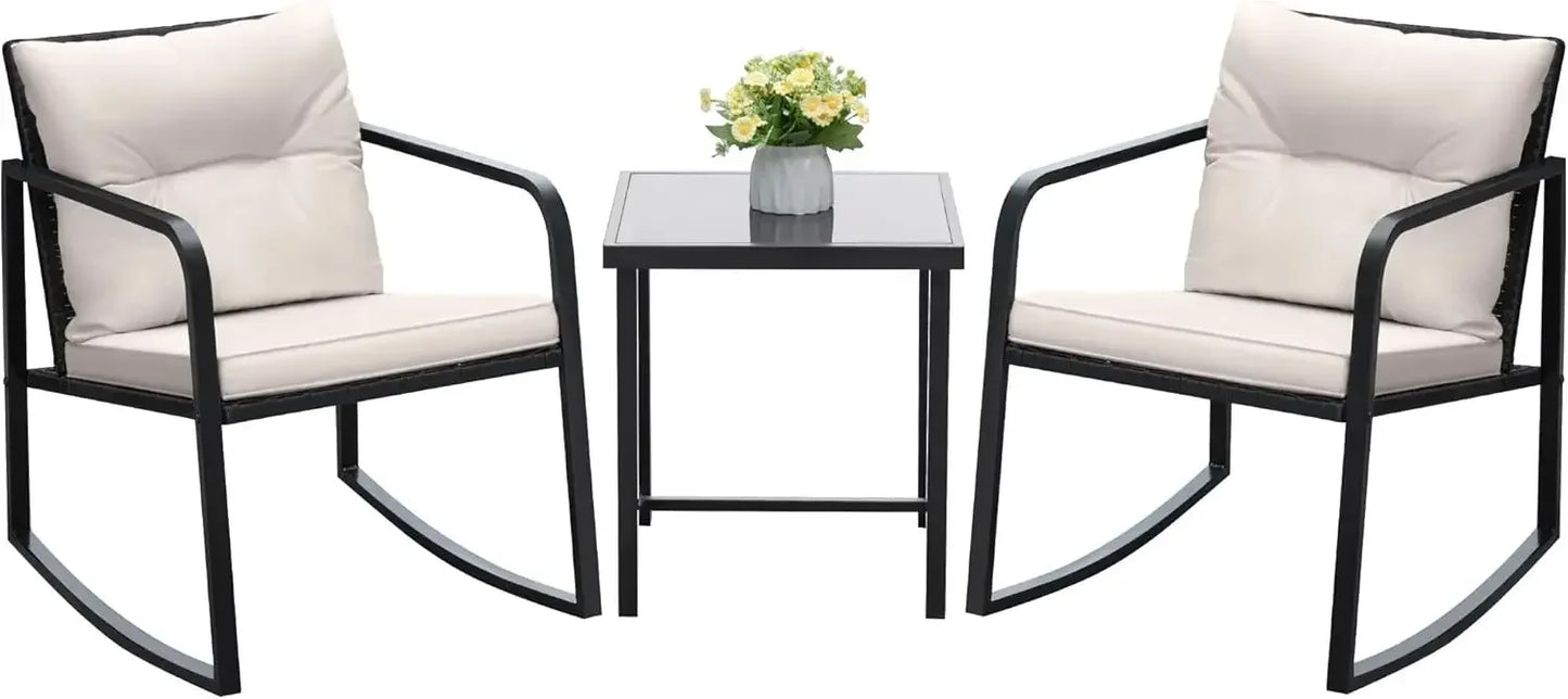 Piece Rocking Bistro Set Wicker Patio Outdoor Furniture Porch Chairs Conversation Sets with Glass Coffee Table