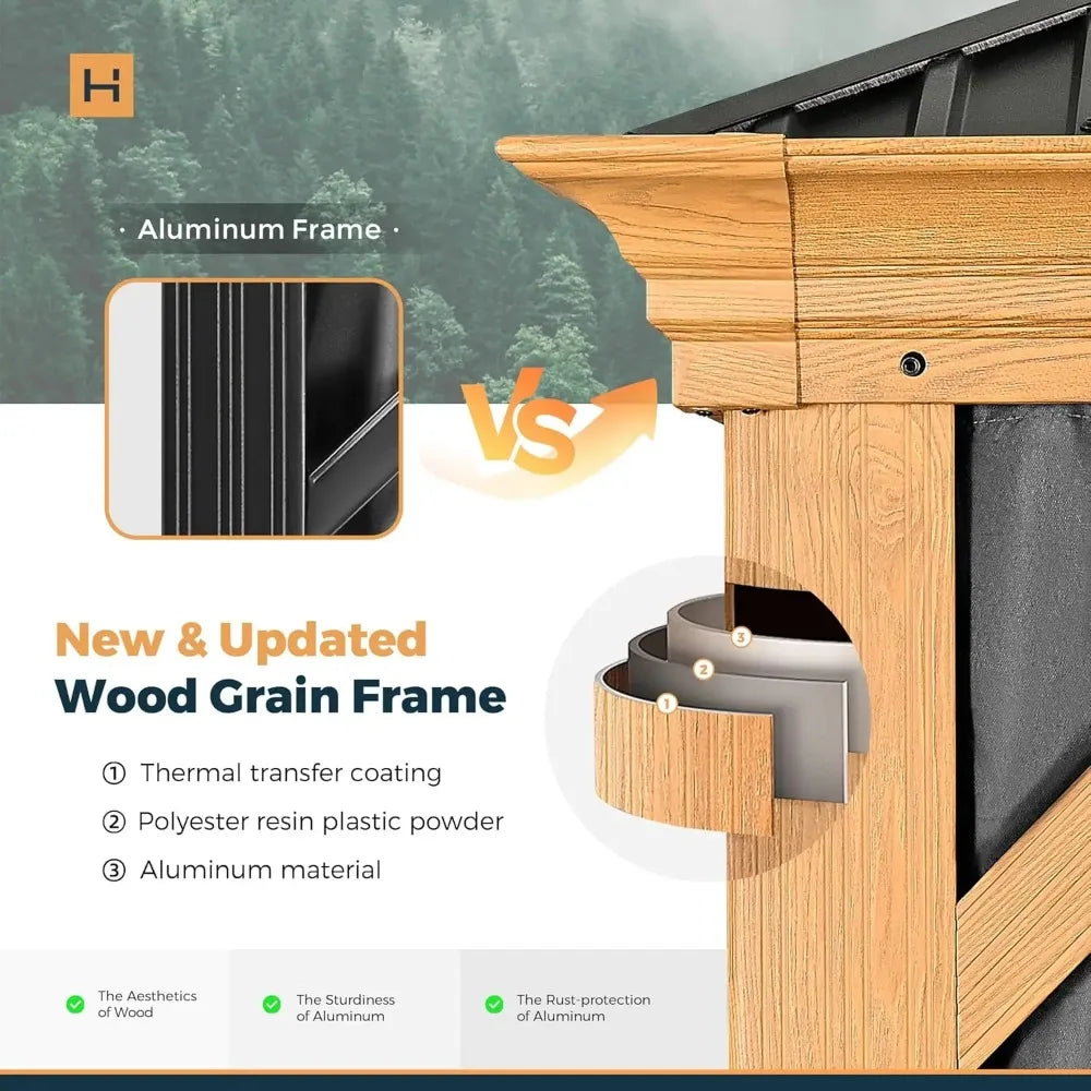 Hardtop Gazebo, Outdoor Wood Grain Frame Aluminum Metal Gazebo with Galvanized Steel Double Roof, Patio Canopy with Netting