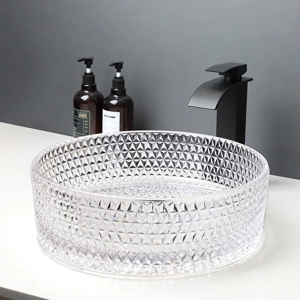 KEMAIDI 16 Inch Crystal Bathroom Vessel Sink with Faucet Clear Tempered Glass Vessel Sink Above Counter Sink Bowl Art Basin