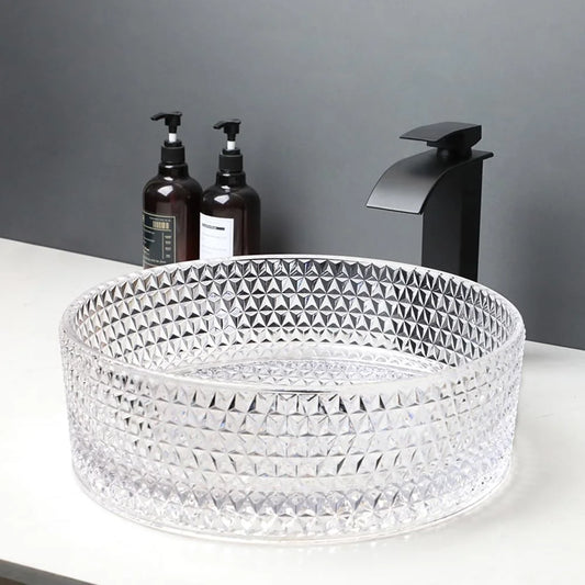 KEMAIDI 16 Inch Crystal Bathroom Vessel Sink with Faucet Clear Tempered Glass Vessel Sink Above Counter Sink Bowl Art Basin