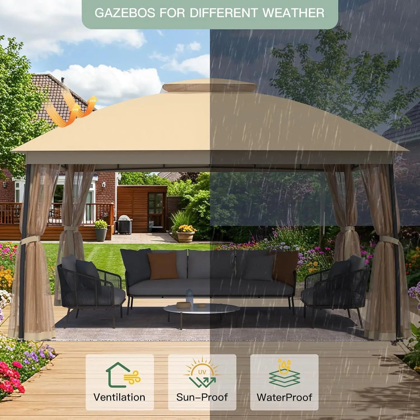 10 x 13 Gazebo, Metal Patio Gazebo with Mosquito Netting and Double Air Roofs, Heavy Duty & Waterproof Outdoor Canopy Gazebos