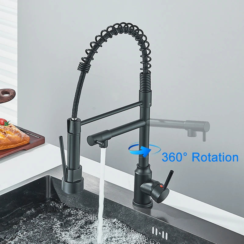 Black Kitchen Faucet With Pull Down Spring Sprayer Deck Mounted Hot and Cold Water Mixer Tap Dual Spout Nozzle Faucets Crane