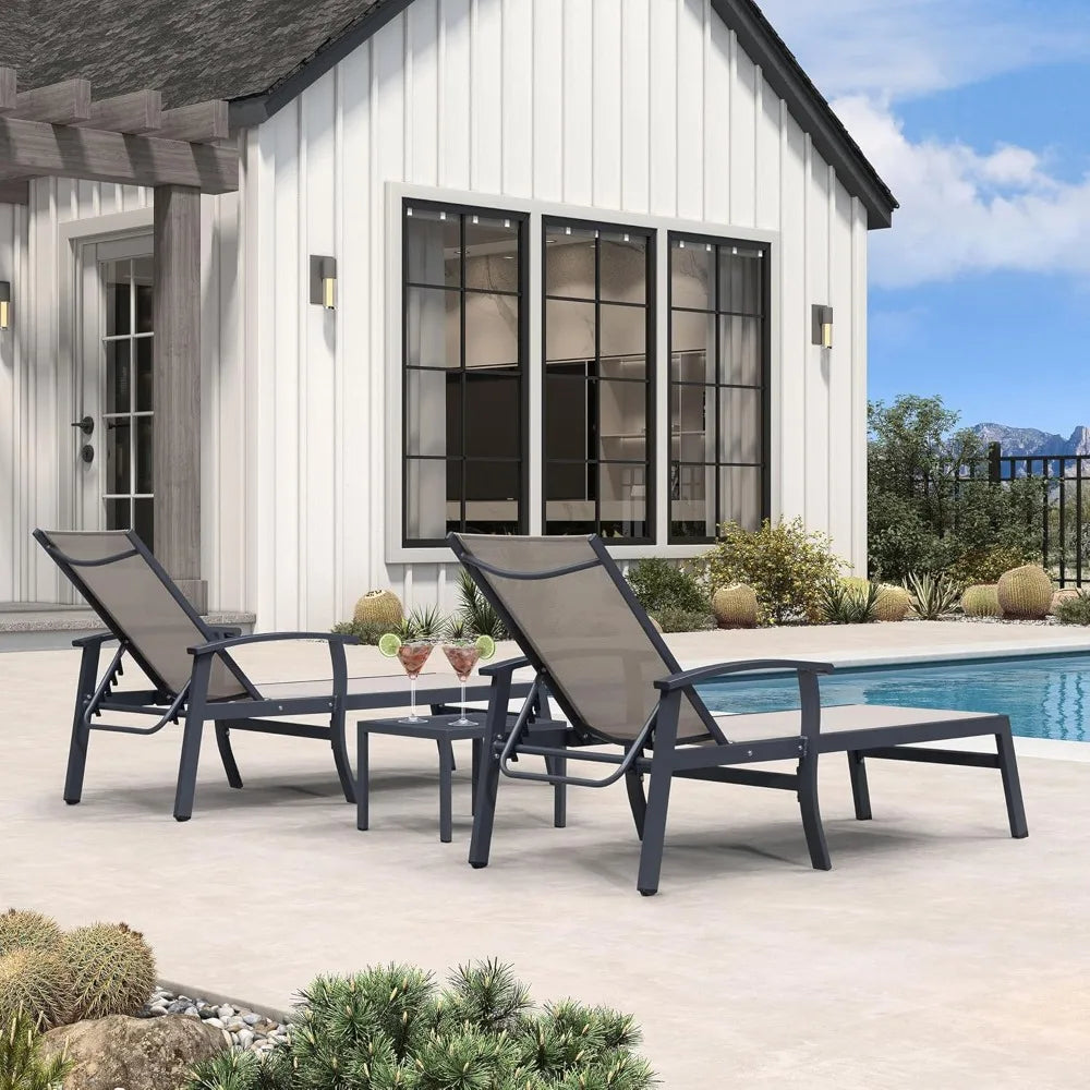 Outdoor Poolside Lounge Chairs Set of 2 with Adjustable Positions, Armrests, and Side Tables - Aluminum Patio Furniture