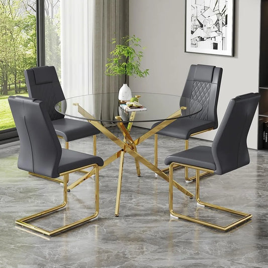 Round Glass Dining Table Set for 4,5 Piece Modern Tempered Glass Kitchen Dining Table Chairs Set,47 Inch Modern Glass Dining