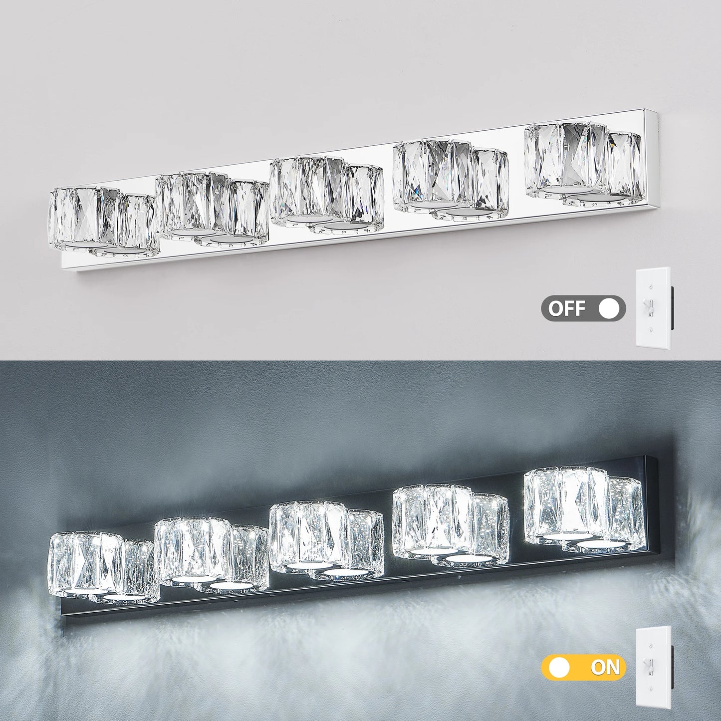 35" Modern Crystal 5-Light LED Wall Sconce – Elegant Chrome Bathroom Vanity Light with Clear Crystal Shades
