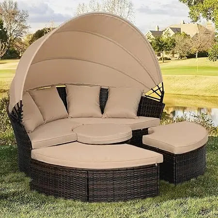 Outdoor Patio Daybed with Retractable Canopy, Wicker Rattan Sectional Round Sofa Furniture Set, 5 Pieces Seating Separates Cushi