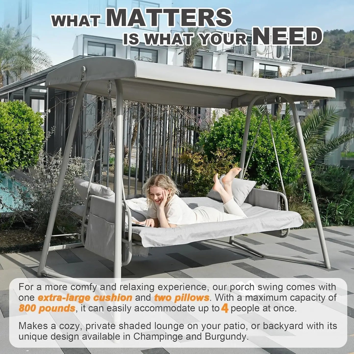 3 to 4 Person Porch Swing Outdoor 2-in-1 Swing Bed with Canopy Adjustable Backrest 800 lbs Capacity Patio Swing Chair with Stand