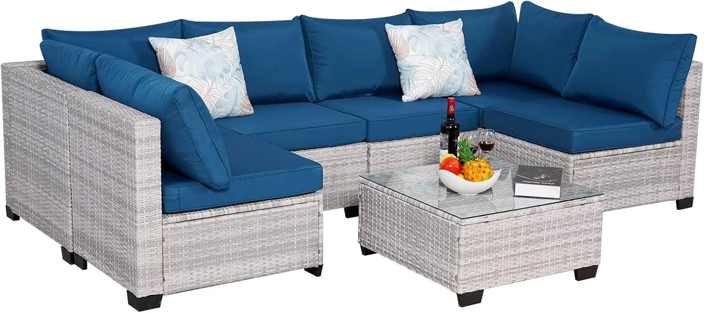 7 Piece Sectional Sofa Set Outdoor, Rattan Patio Furniture Set, Outdoor Sectional Furniture, Rattan Chairs Glass Table
