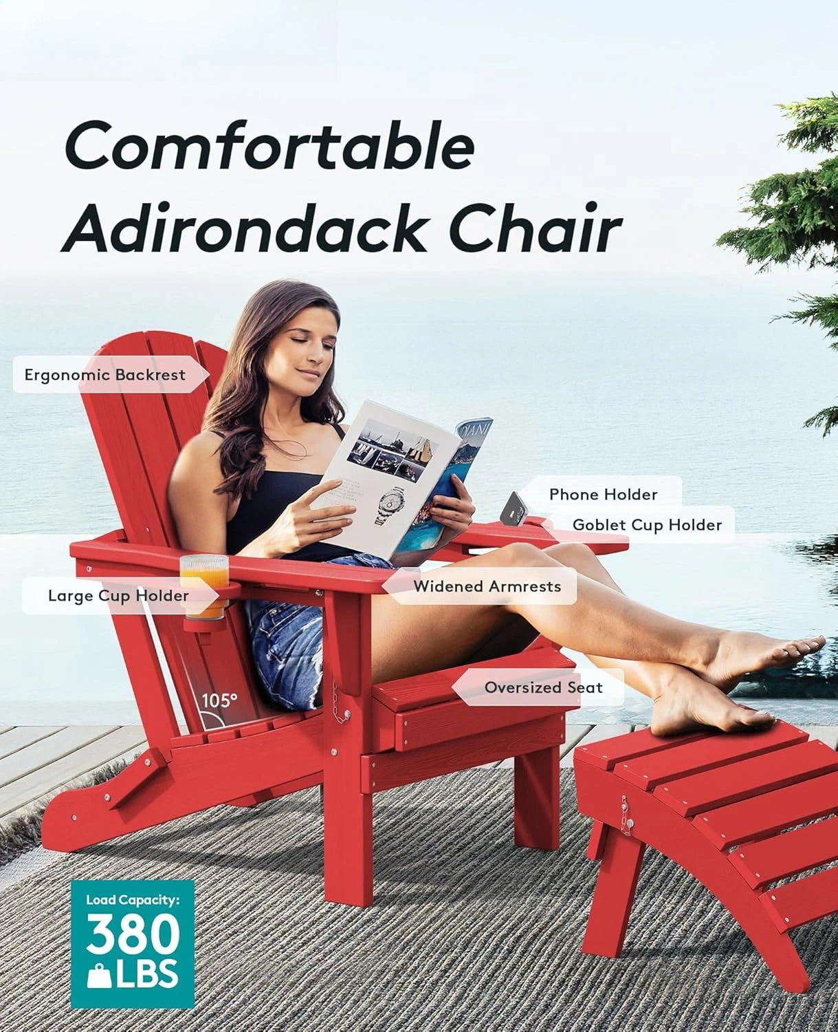 Adirondack Chair with Cup Holders - Composite Adirondack Chairs Set of 8 HDPE Outdoor Chairs All Weather Use- Light Red