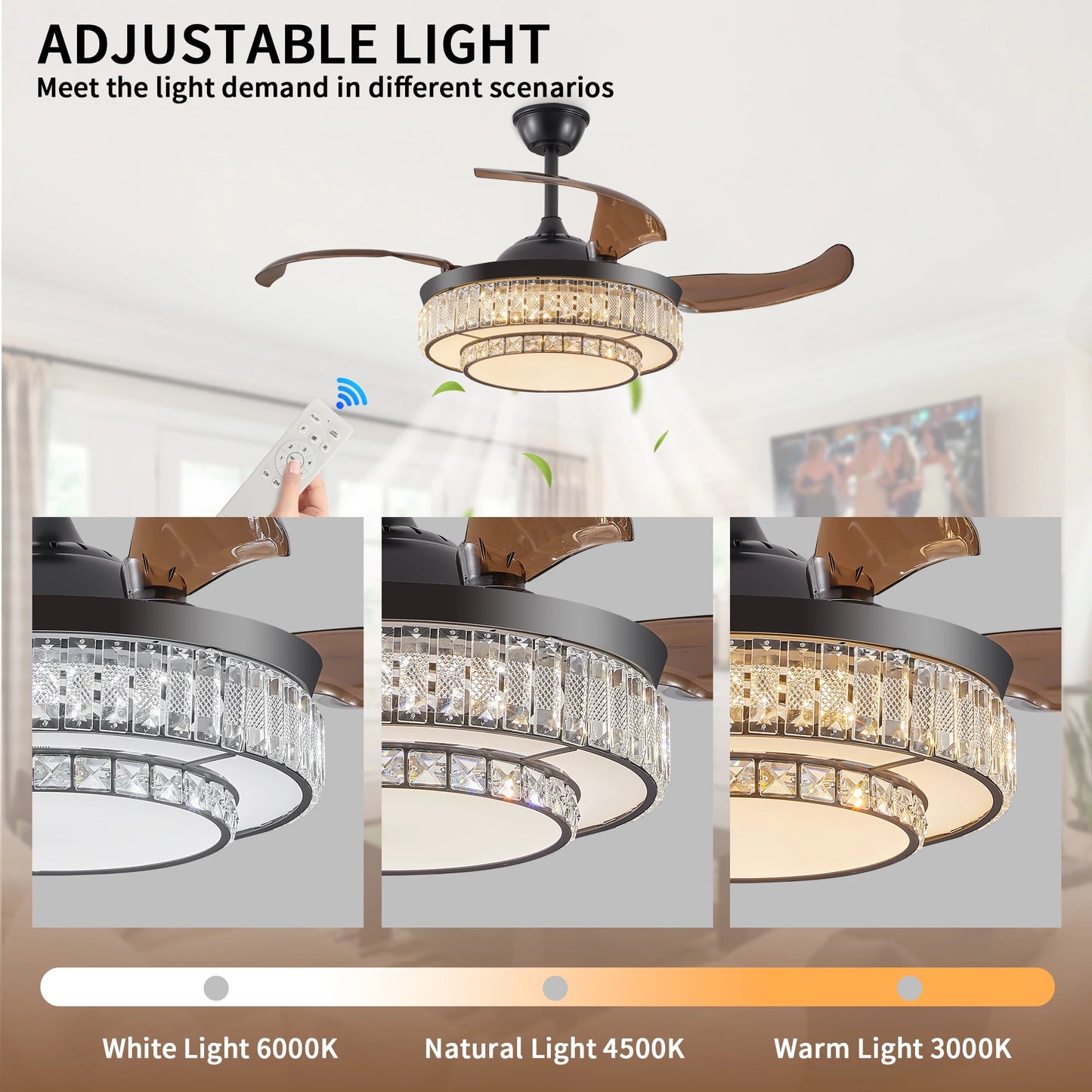 Contemporary LED Retractable Ceiling Fan with Light and Remote Control, Quiet Reversible Motor,4 Blades Modern Ceiling Fans