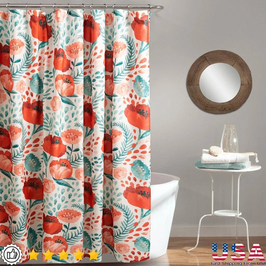 Colorful Floral Shower Curtain 72x72 Poppy Garden Design Waterproof Polyester Bathroom Decor Easy Care Machine Wash Tumble Dry