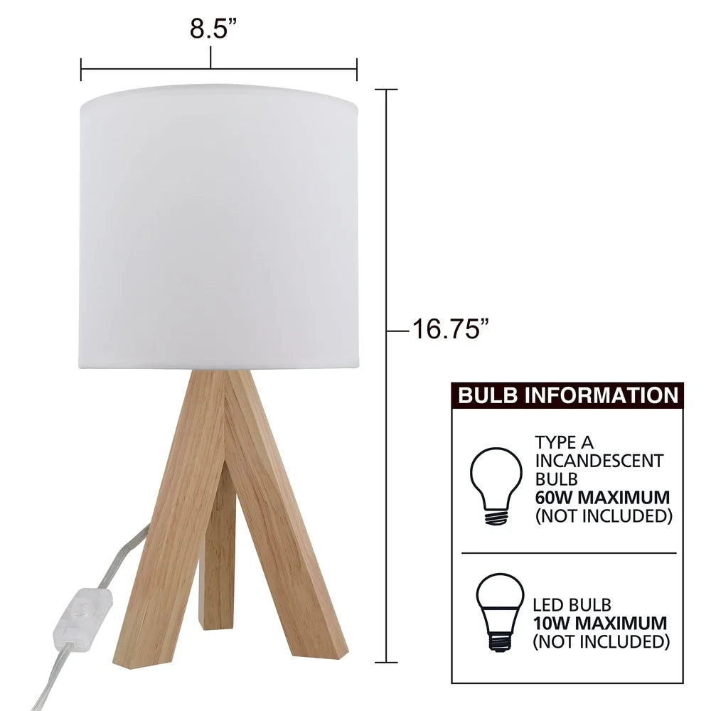 Tripod Oak Table Lamp with White Fabric Shade Modern Design Living Room Bedroom Office Desk Kids Room 60W E26 Bulb Compatible
