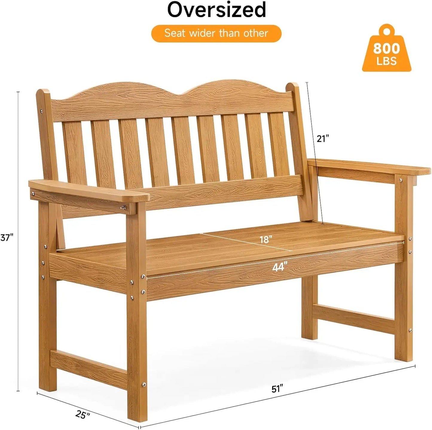 2-Person Poly Lumber Garden Bench with 800 lbs Weight Capacity, All-Weather Patio Bench with Armrestsand Backrest for Garden