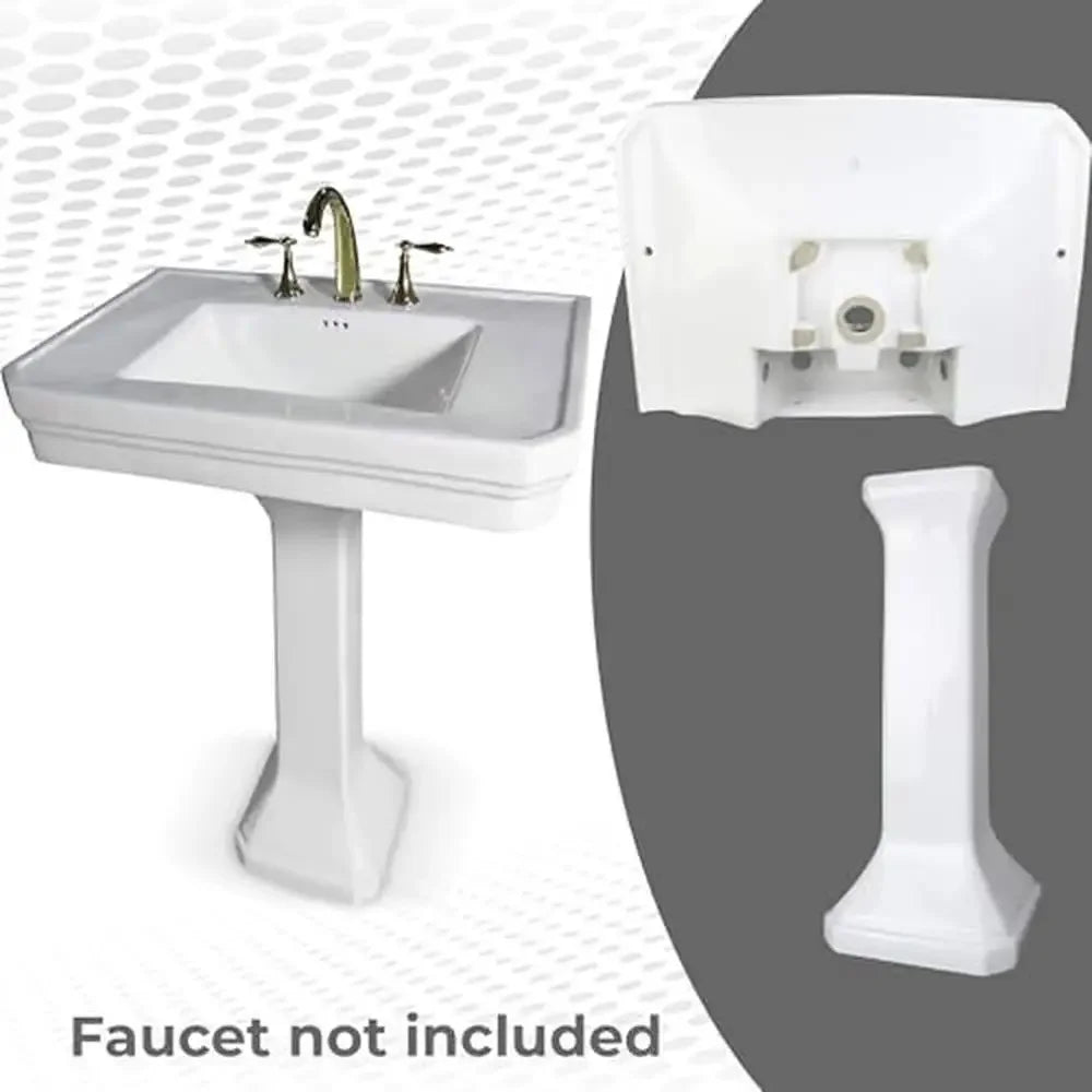 32" Victorian White Bathroom Pedestal Sink Combo Heavy Duty Widespread Faucet Holes Overflow Tall Console Vintage Charm Durable