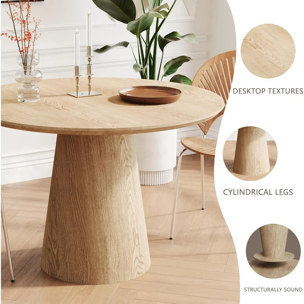 43" Mid-Century Modern Farmhouse Round Dining Table for 4-5 - Wooden Pedestal Base with MDF Table Top, Compact Kitchen