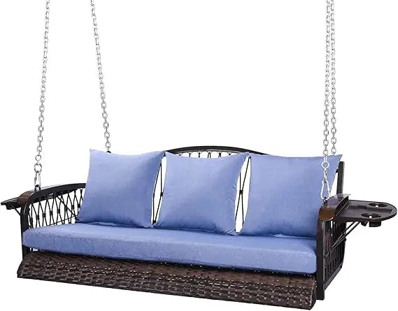 Wicker Porch Swing Heavy Duty 900 LBS 3-Seat Outdoor Patio Swing Chair with Cushions & 8.9ft Chains Outdoor Hanging Bench with U