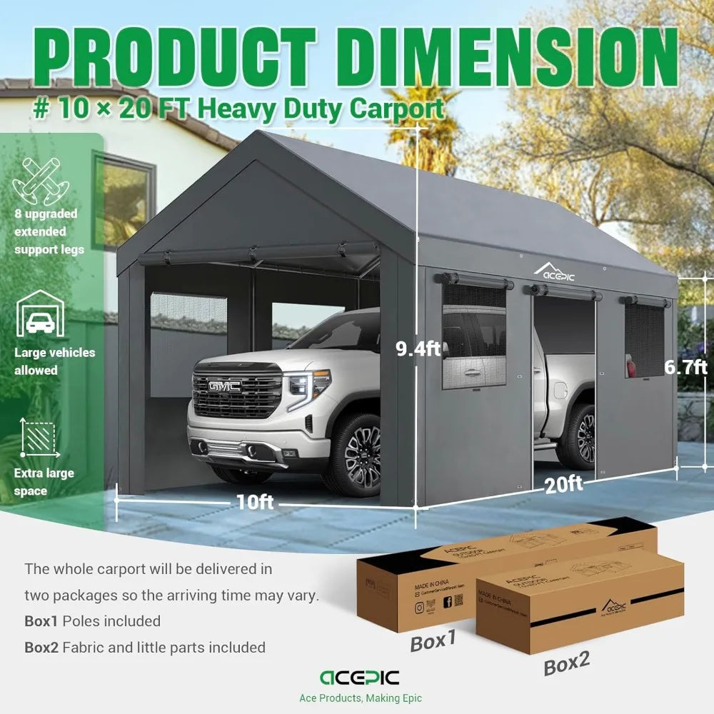 Carport 10x20ft Heavy Duty Carport Features Roll-up Windows & Doors, Portable Garage with UV Resistant Waterproof All-Season Tar