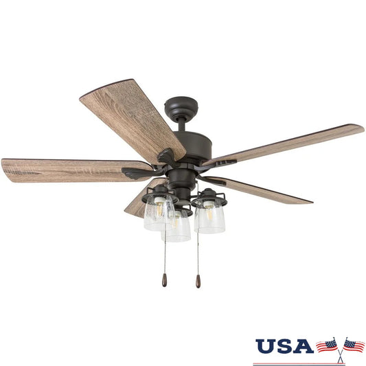 52 Inch River Run Ceiling Fan with Remote Control Reversible Motor Three Speed Settings Light Kit Included Living Room Bedroom