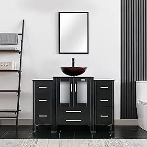 48" Modern Bathroom Vanity Sink Combo Black W/Small Side Cabinets Clear Boat Glass Vessel Sink & Water Save Faucet & Pop Up Dra