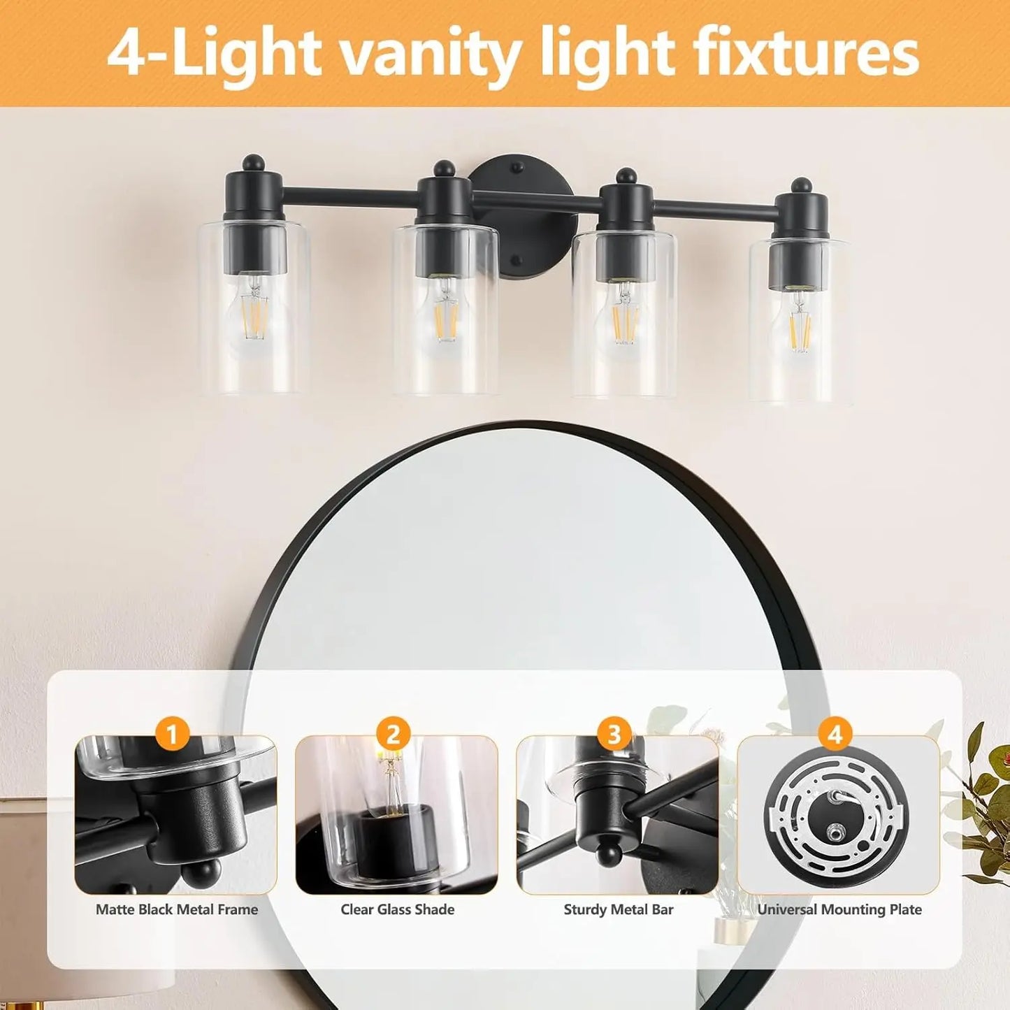 4 Light Vanity Lights,  Bathroom Light , Wall Light for Living Room,Mirror， Bedroom, Hallway, Cabinet, Porch with E26 Base