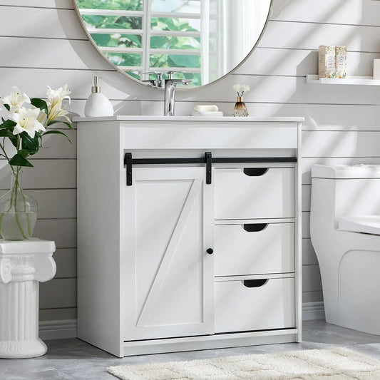 30" Farmhouse Bathroom Vanity with Sink, White Sliding Barn Door, Modern Bathroom Cabinet w/3 Drawers & Adjustable Shelves