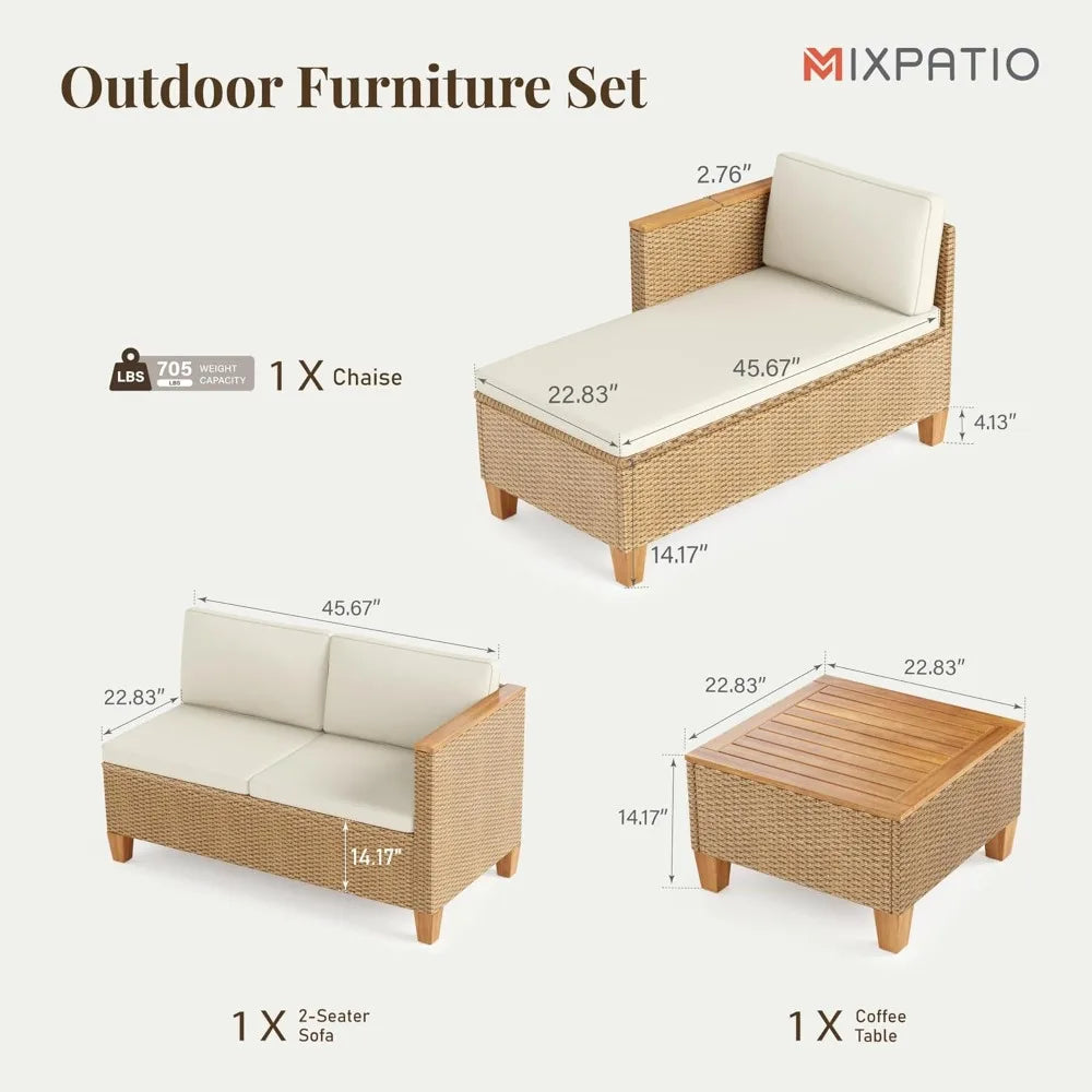 Wicker Outdoor Patio Furniture Set 3 Pieces Patio Chaise Longue Conversation Set, Rattan L-Shaped Sofa Couch with Acacia Wood Co