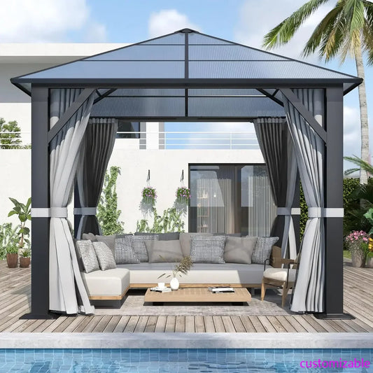 10’x10’ Patio Hardtop Gazebo with Polycarbonate Roof, Waterproof Outdoor Canopy Gazebo, Steel Frame Permanent Pavilion