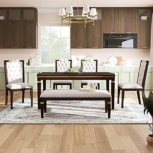 6-Piece Solid Wood Dining Table Set, Modern Elegant 60" Rectangular with 4 High-Back Tufted Upholstered Chairs + 1 Bench for Ki
