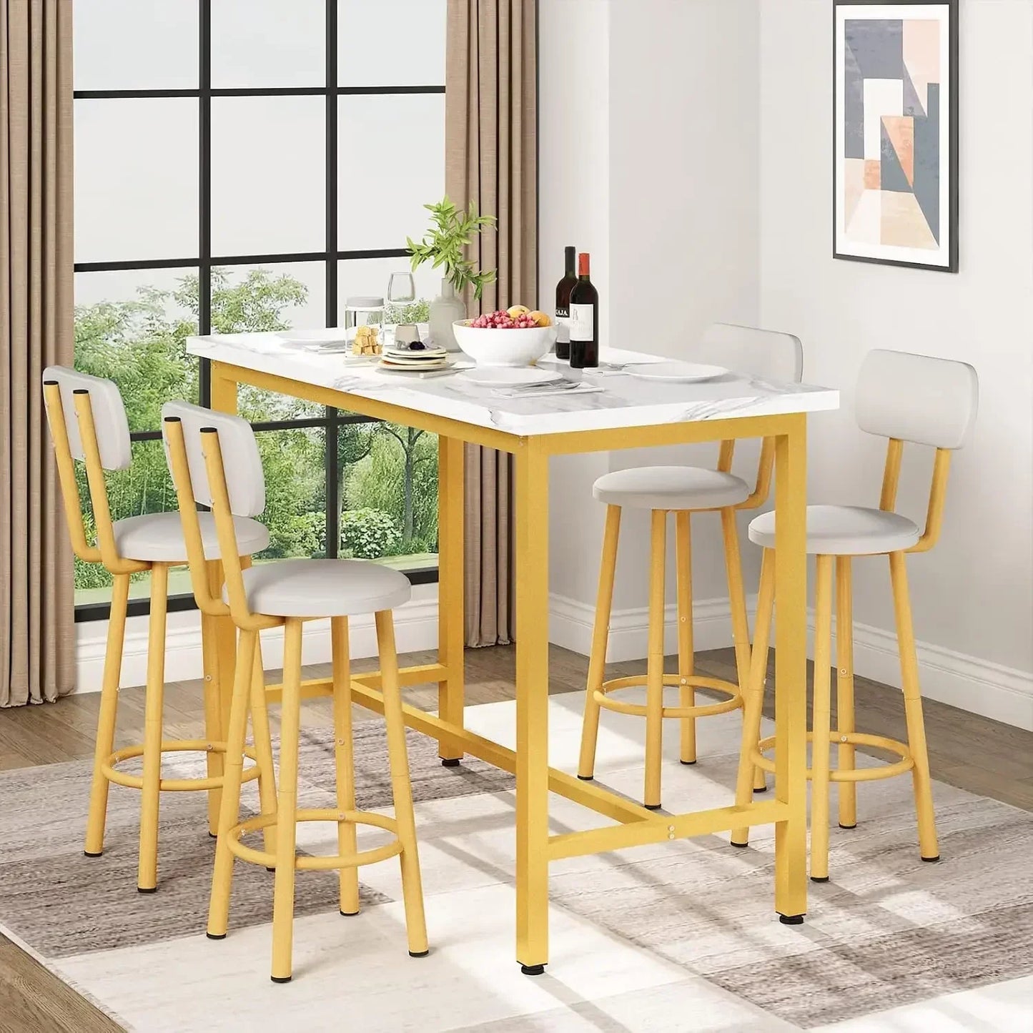 43.3” Dining Table Set, Rectangle Pub Bistro Dining Set Kitchen Table Set Bar Table, 5-Piece, Metal Frame with Backrest Stools